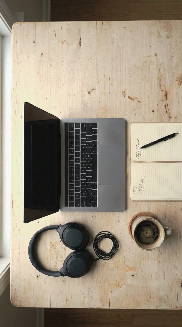 Graded with Product Table: The desk on a seamless white: background lifted to paper, speculars stopped short of clipping.
